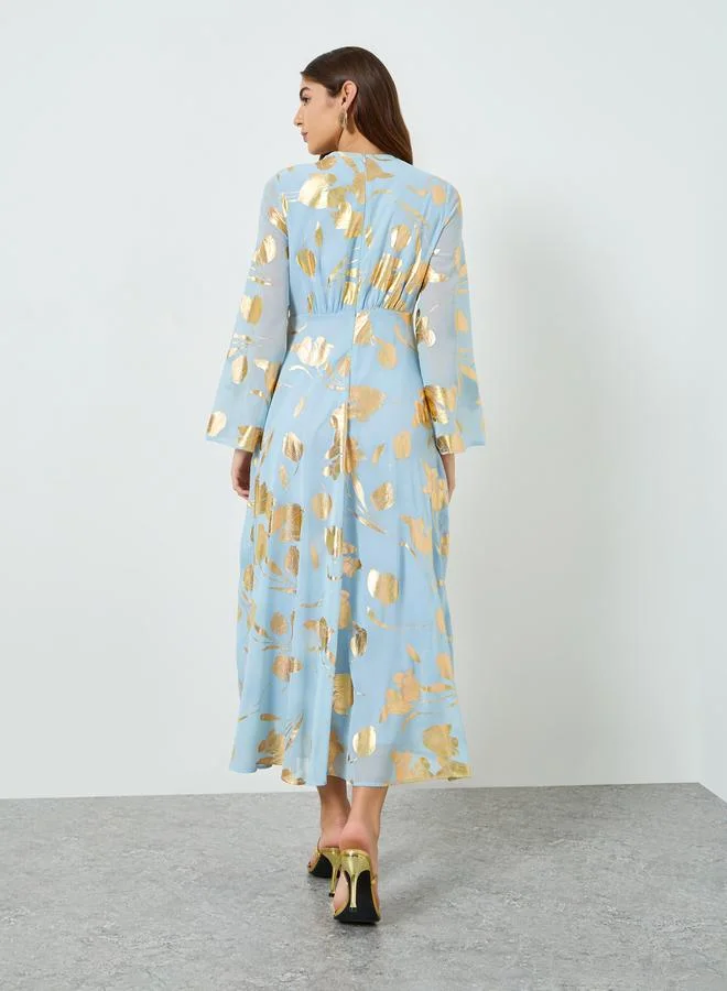 Styli Women Blue Foil Print A-Line Maxi Dress